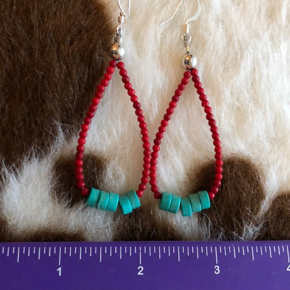 CORAL TURQUOISE JOCLA EARRINGS LONG TEARDROP DISCS - Picture 3 of 3